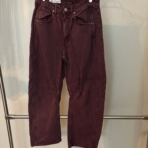 ZARA Maroon Wide Leg Denim Mid Rise Jeans 2